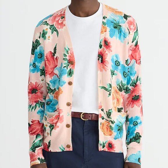 NWT J Crew 100% Cashmere Floral Flower Cardigan Sweater Mens Large - Picture 2 of 8